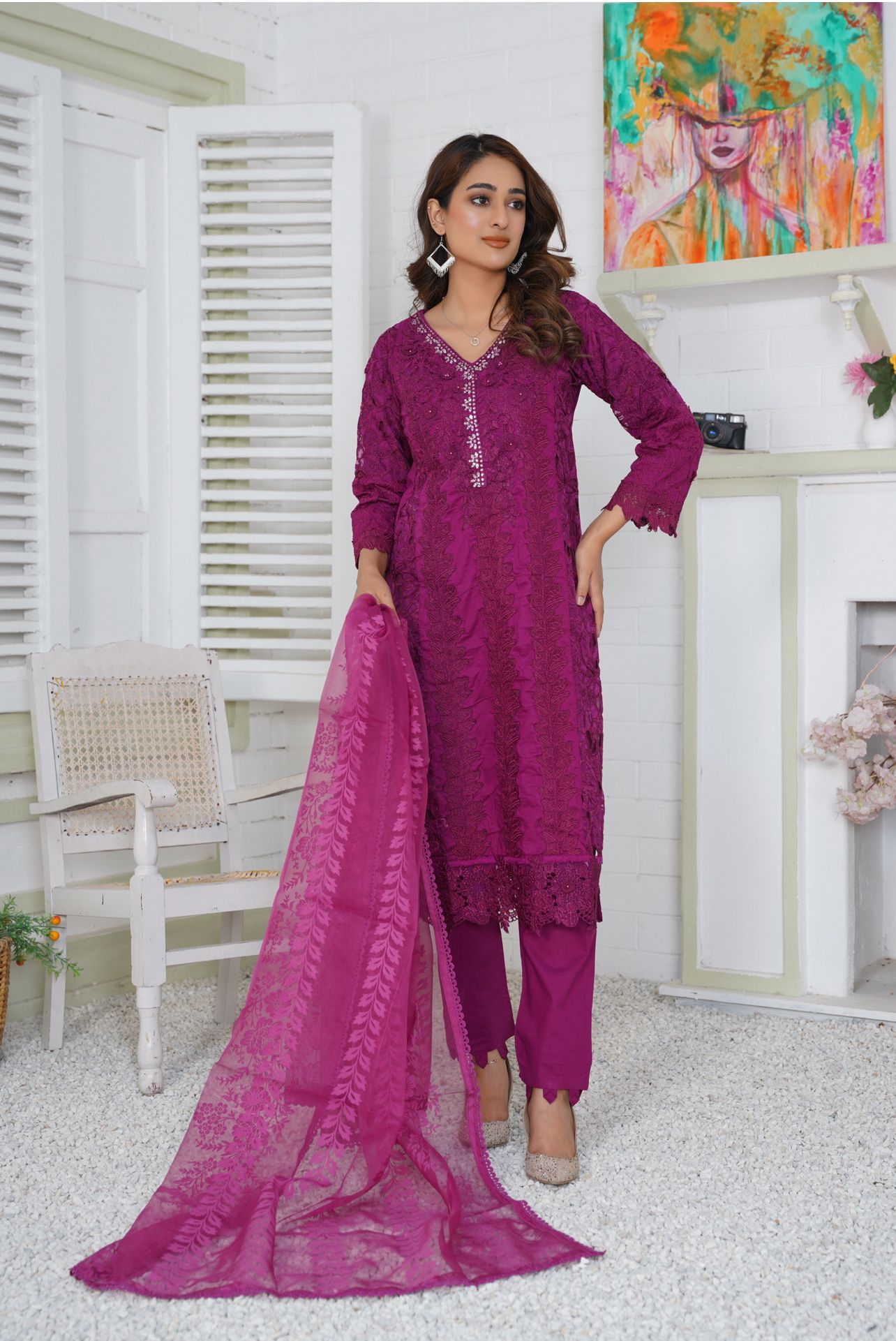 Premium Lawn 3 Piece Outfit With Printed Net Dupatta Pink D-9B