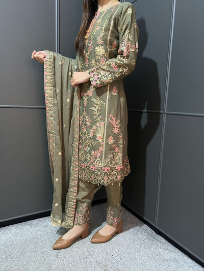 Olive Embroidered Chiffon Mother & Daughter Ready to Wear Collection - Perfect for Family Outfits