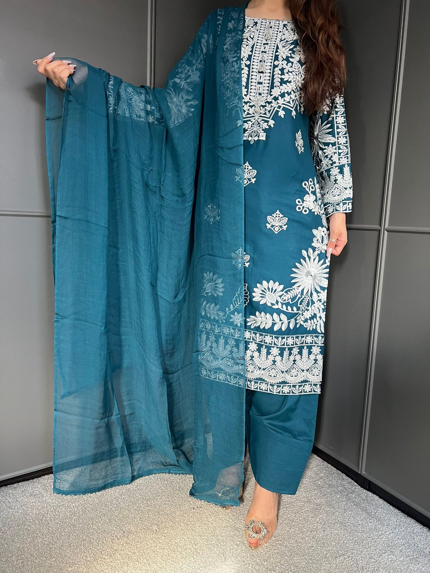 TEAL- FARSHI SHALWAR|Embroidered Linen 3 Piece |Outfit for Women - Asian Clothing