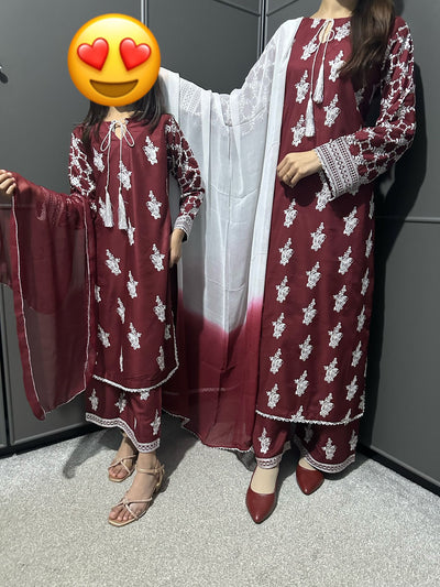 Maroon-Mother & Daughter Embroidered Linen Plazo Collection