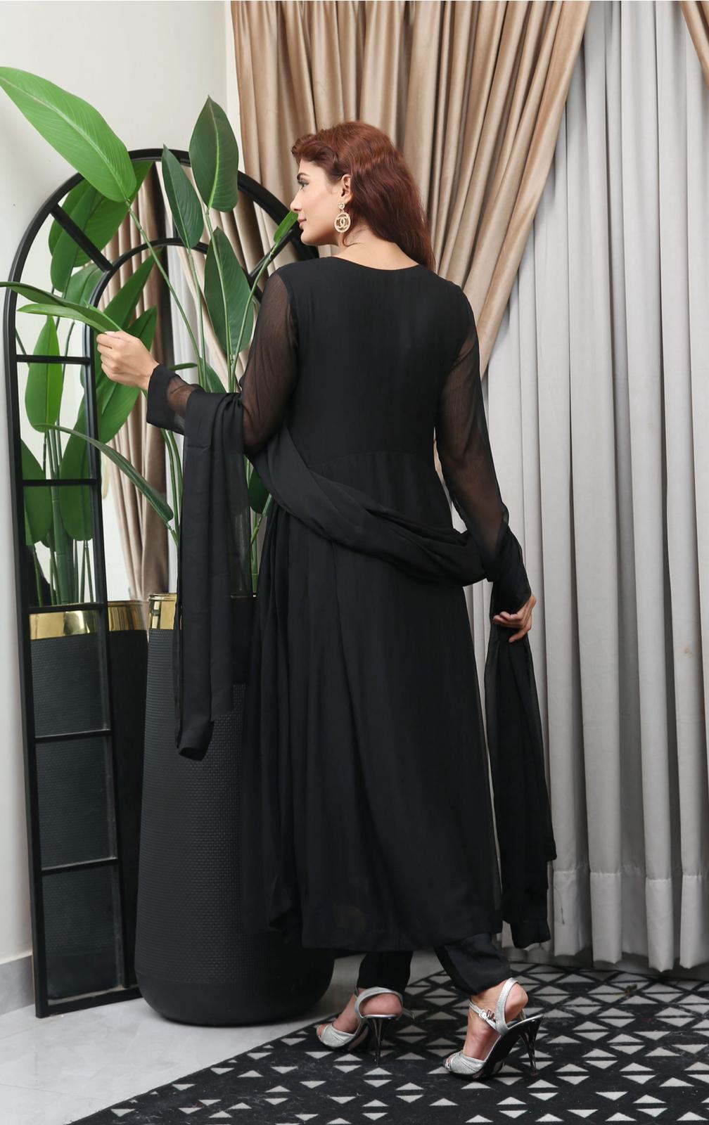 Black Readymade 3 Piece Plain Chiffon Maxi TS-822