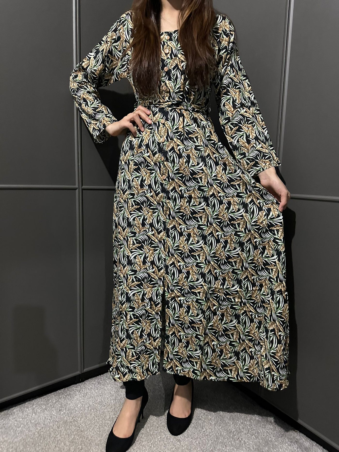 D-14 Black&Green Printed Long Dress in Linen Martial Fabric for Casual Wear - Womenswear