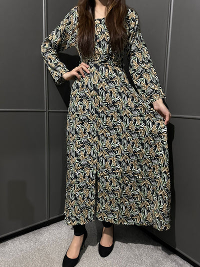 D-14 Black&Green Printed Long Dress in Linen Martial Fabric for Casual Wear - Womenswear