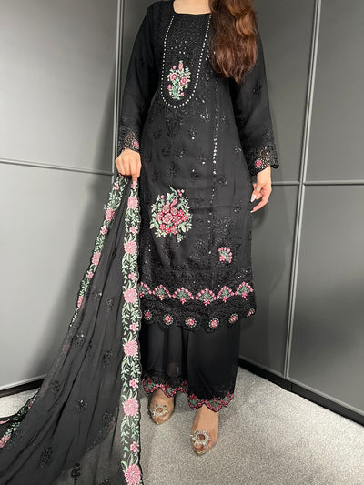 3Pc Plazzo Embroidered Chiffon Collection With Embroidered Chiffon Dupatta
