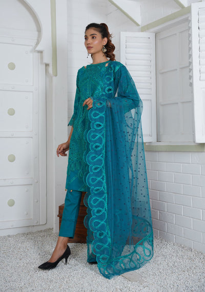 Premium Lawn 3 Piece Outfit With Printed Embroidered Net Dupatta Teal D-2A