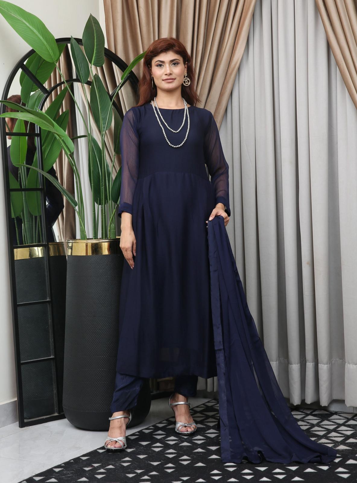 Blue Readymade 3 Piece Plain Chiffon Maxi TS-820