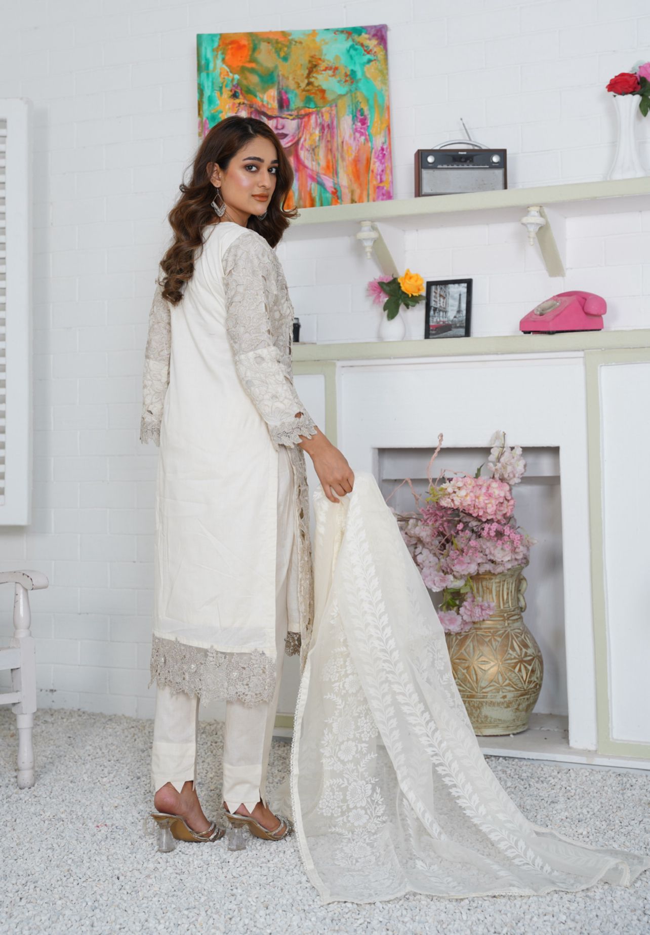 Premium Lawn 3 Piece Outfit With Printed Organza Dupatta Off-White D-9A