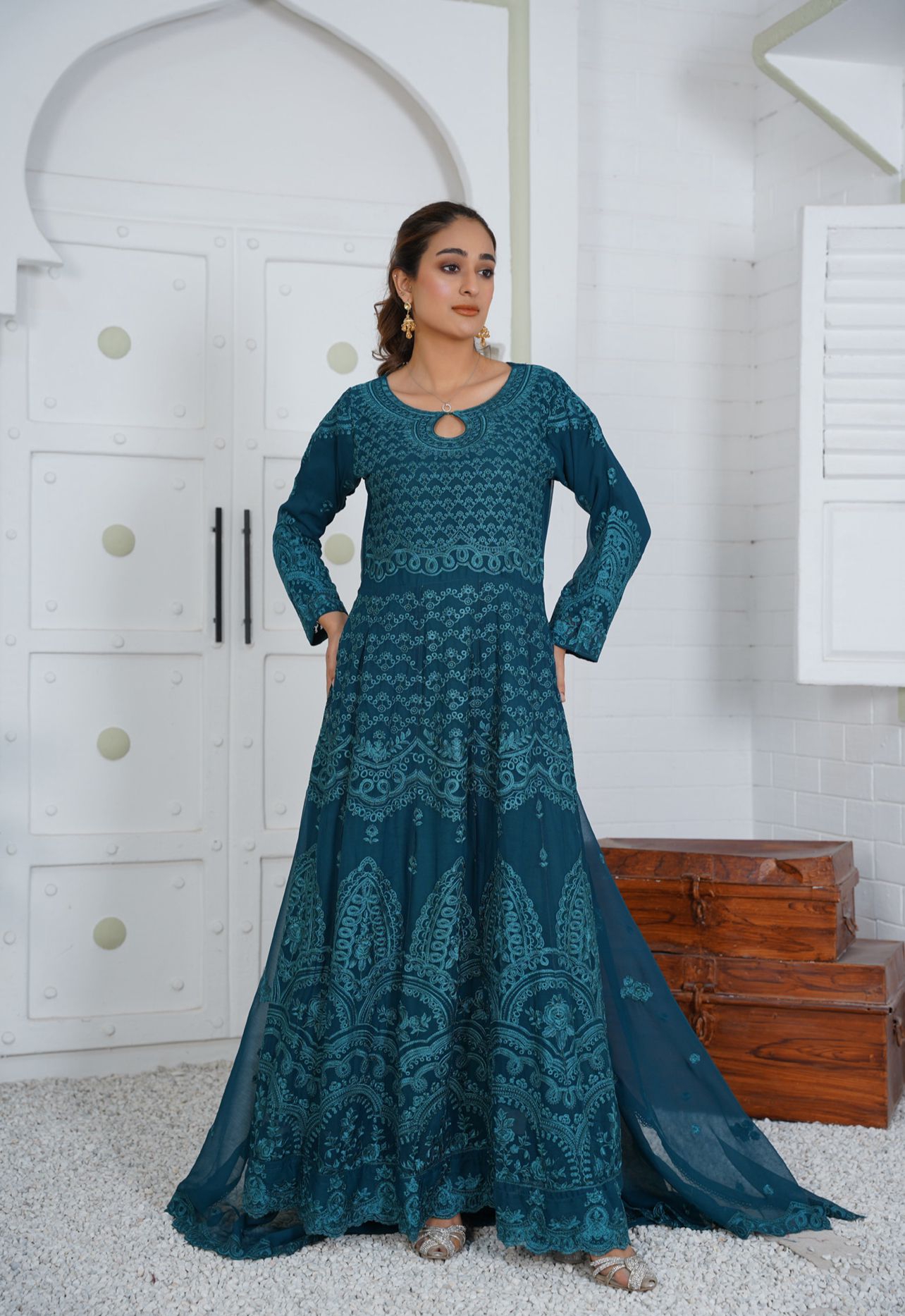 Mother & Daughter Ready to Wear Chiffon Maxi Dress Teal D-307| Shop Pakistani Dresses