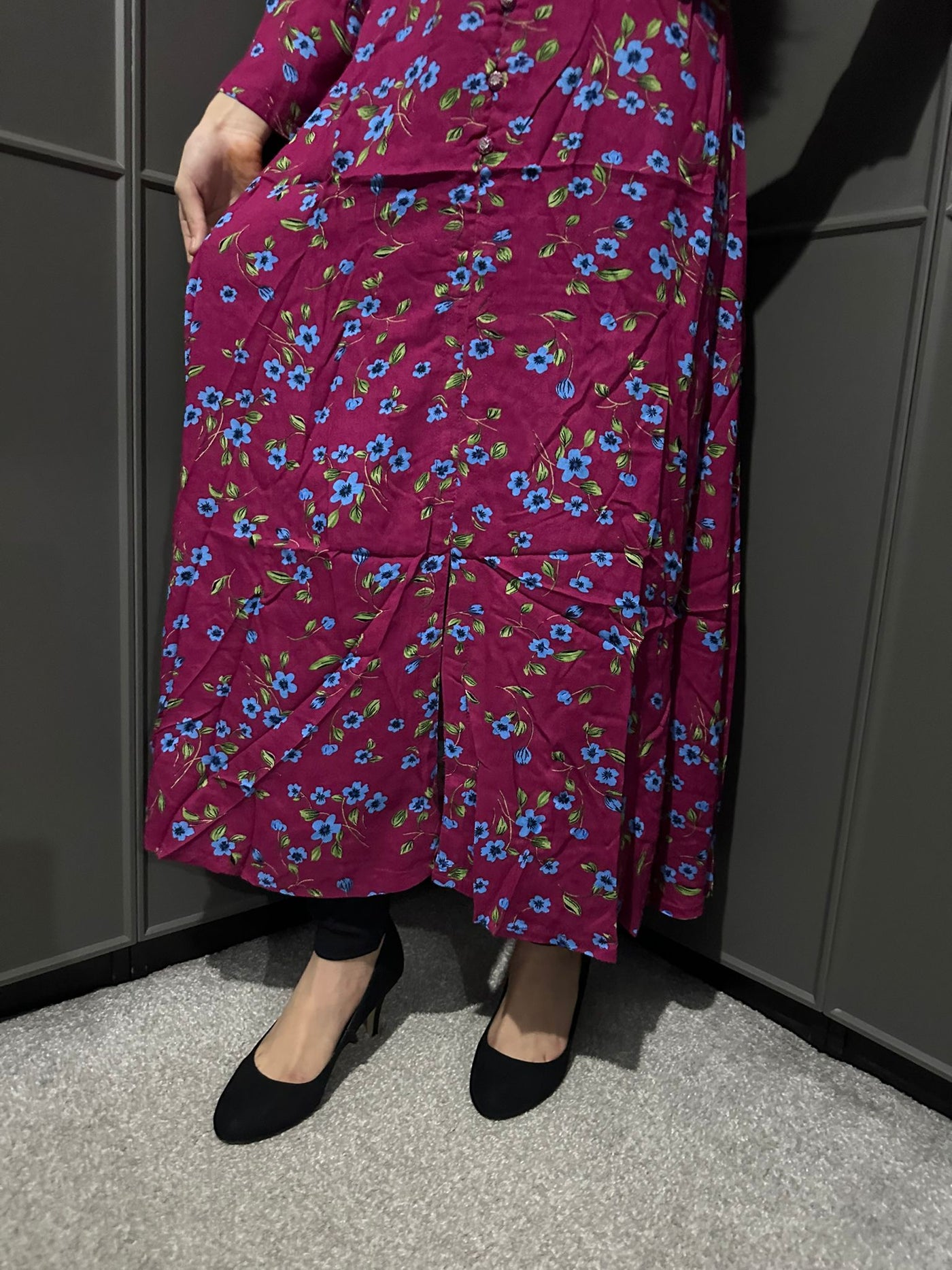 D-9 Pink&Blue Printed Long Dress in Linen Martial Fabric for Casual Wear - Womenswear