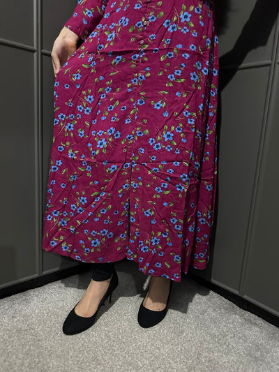 D-9 Pink&Blue Printed Long Dress in Linen Martial Fabric for Casual Wear - Womenswear
