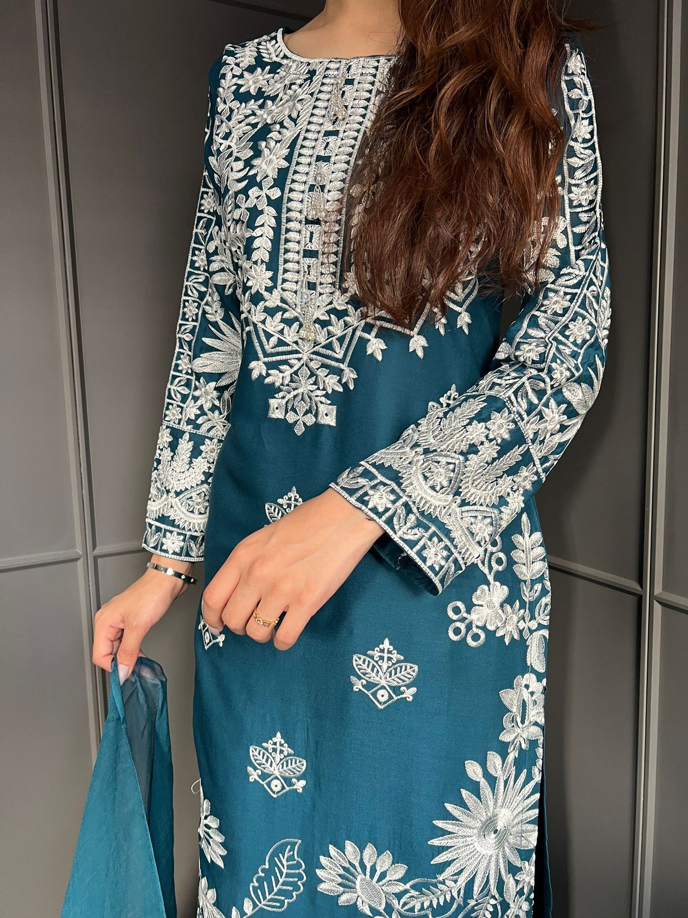 TEAL- FARSHI SHALWAR|Embroidered Linen 3 Piece |Outfit for Women - Asian Clothing