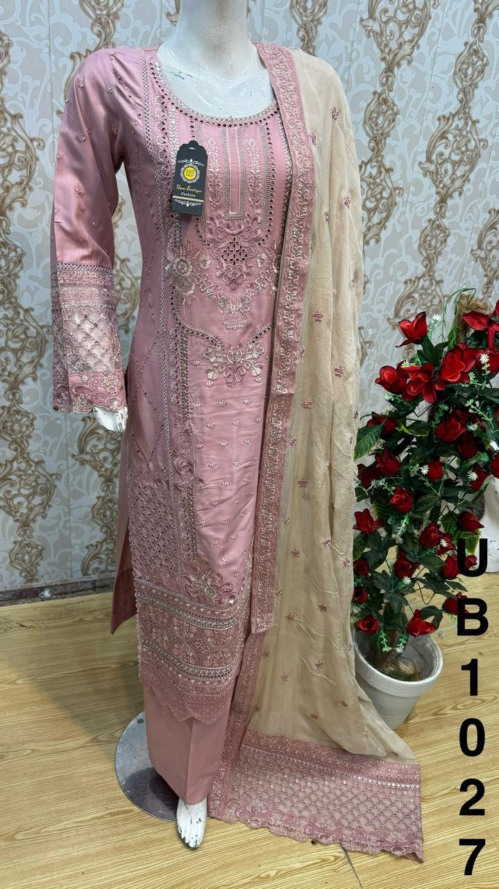 Dusty Pink 3 Piece Embroidered Linen Plazzo Outfit  D-1100