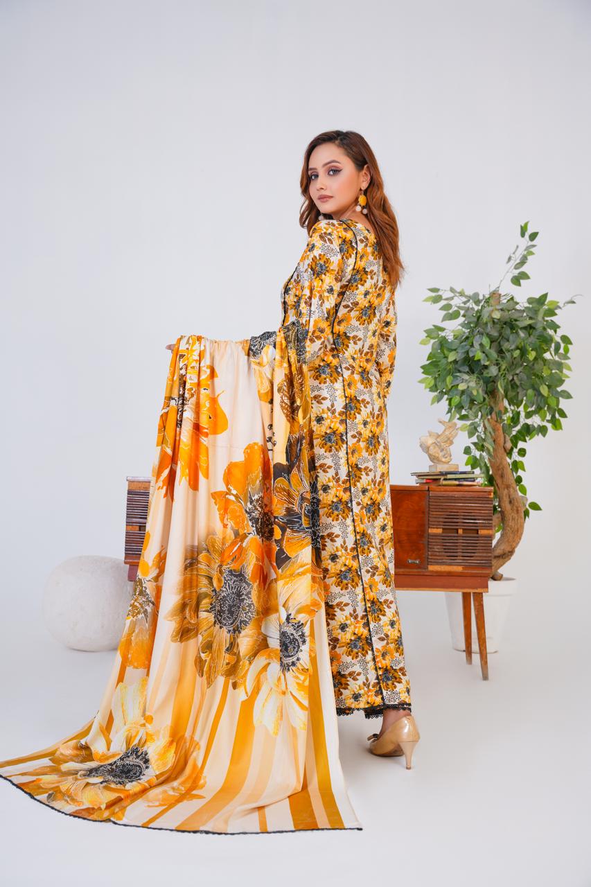 3 Pc Floral Printed Winter Linen Frock With Linen Dupatta D-602