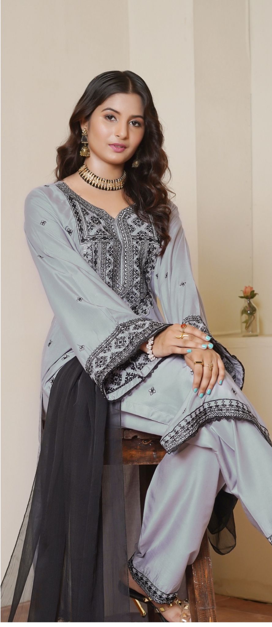 Embroidered  Linen Suit with Chiffon Dupatta - 3 Piece Set
