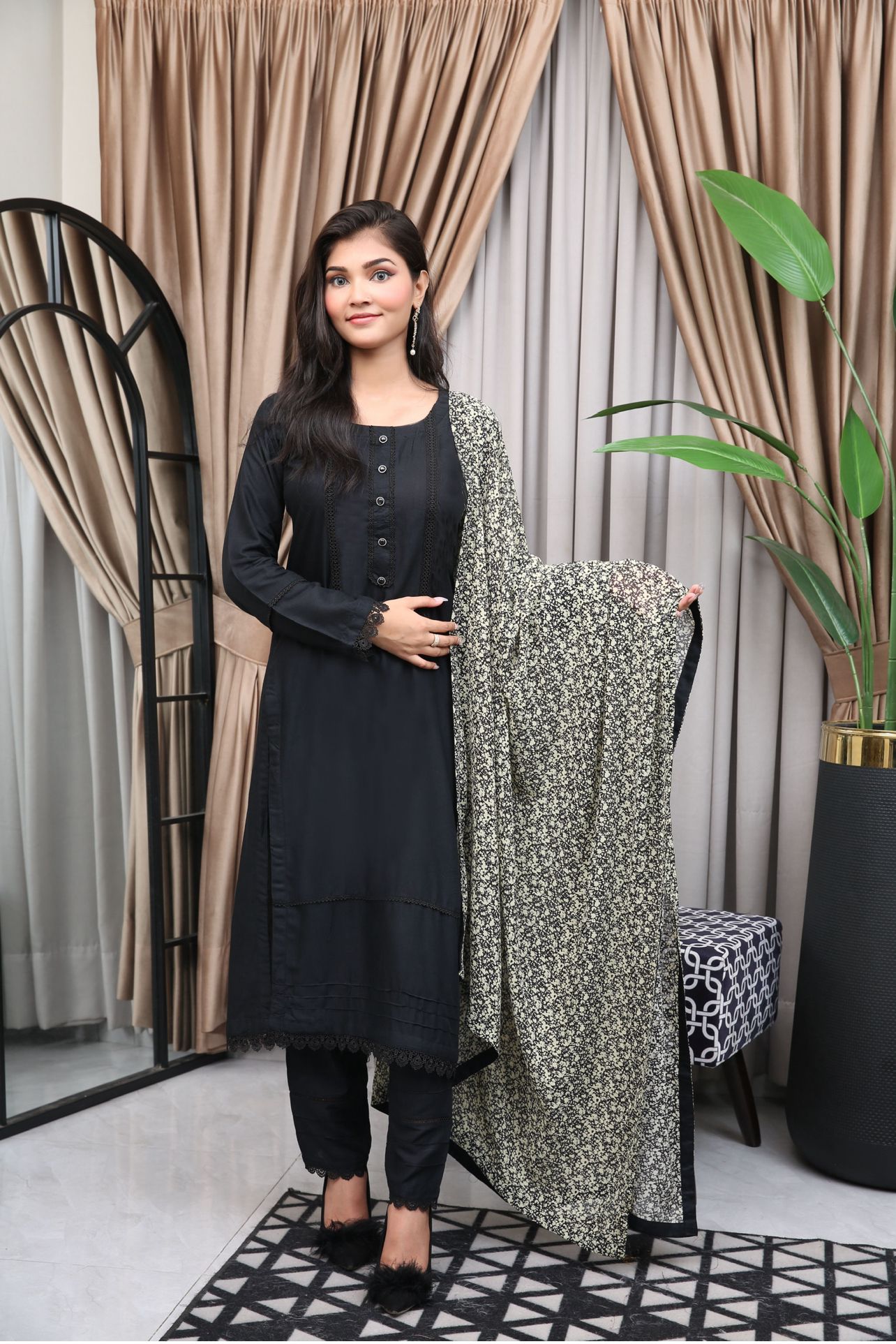 BLACK 3 PIECE PLAIN LINEN READY TO WEAR TROUSER SUIT D-21