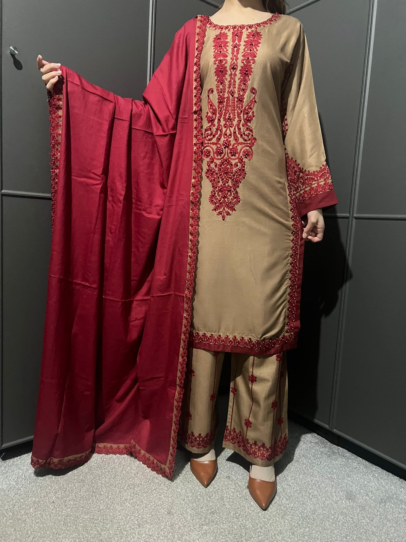 3 Pc Embroidered Dhanak Readymade Plazzo Suit with Winter shawl