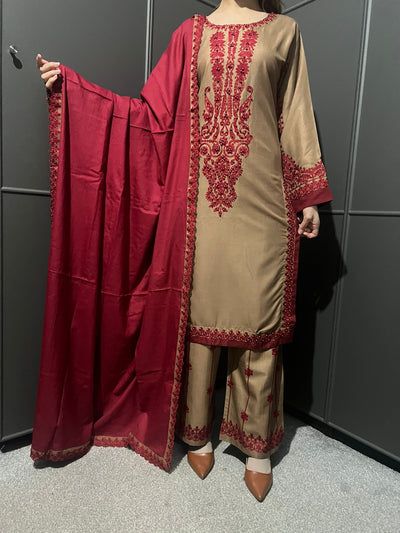 3 Pc Embroidered Dhanak Readymade Plazzo Suit with Winter shawl