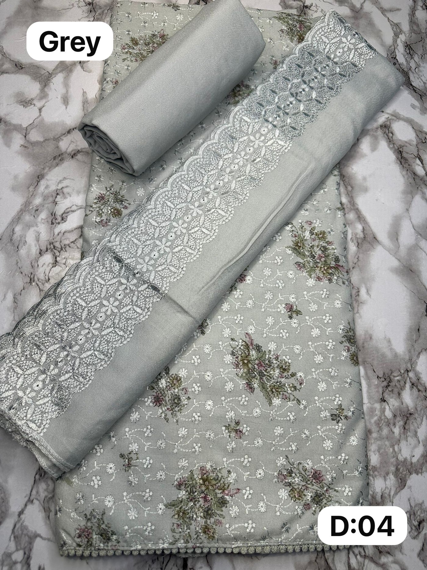 D04 Grey Winter Embroidered Unstitched Alpine Suit
