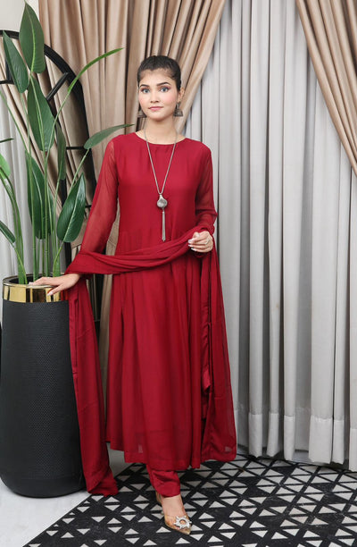 Maroon Readymade 3 Piece Plain Chiffon Maxi TS-823