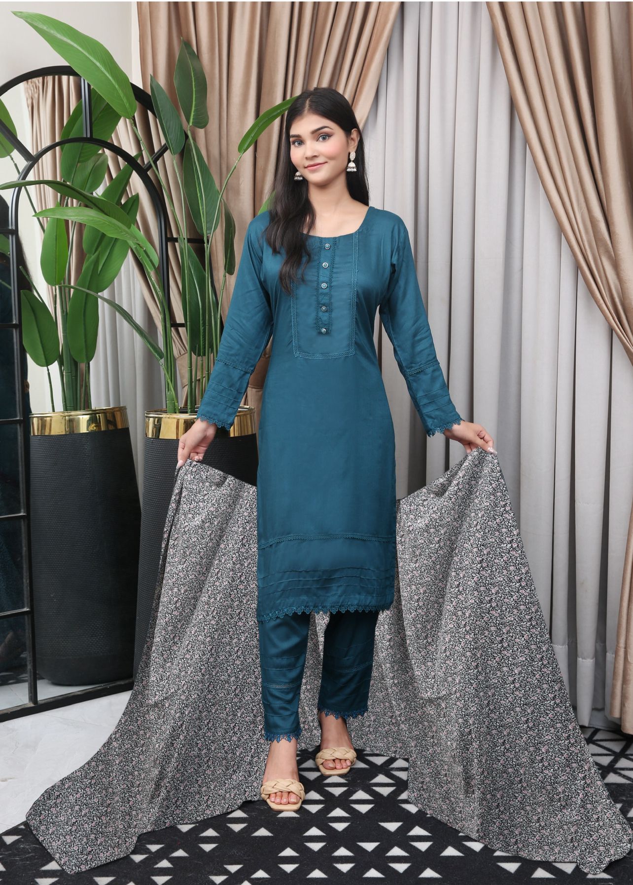 TEAL 3 PIECE PLAIN LINEN READY TO WEAR TROUSER SUIT D-23