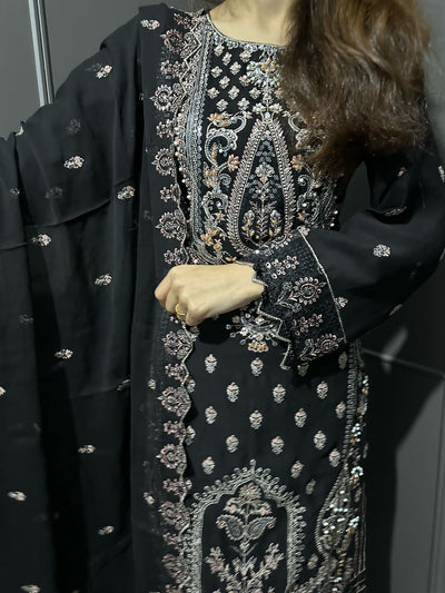 Black 3Pc Embroidered Chiffon Collection With Embroidered Chiffon Dupatta