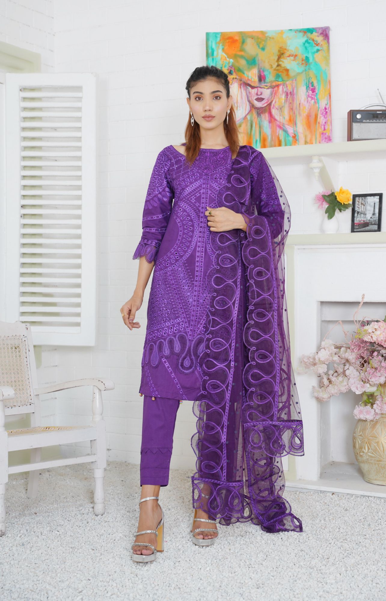 Premium Lawn 3 Piece Outfit With Printed Embroidered Net Dupatta Purple D-2b