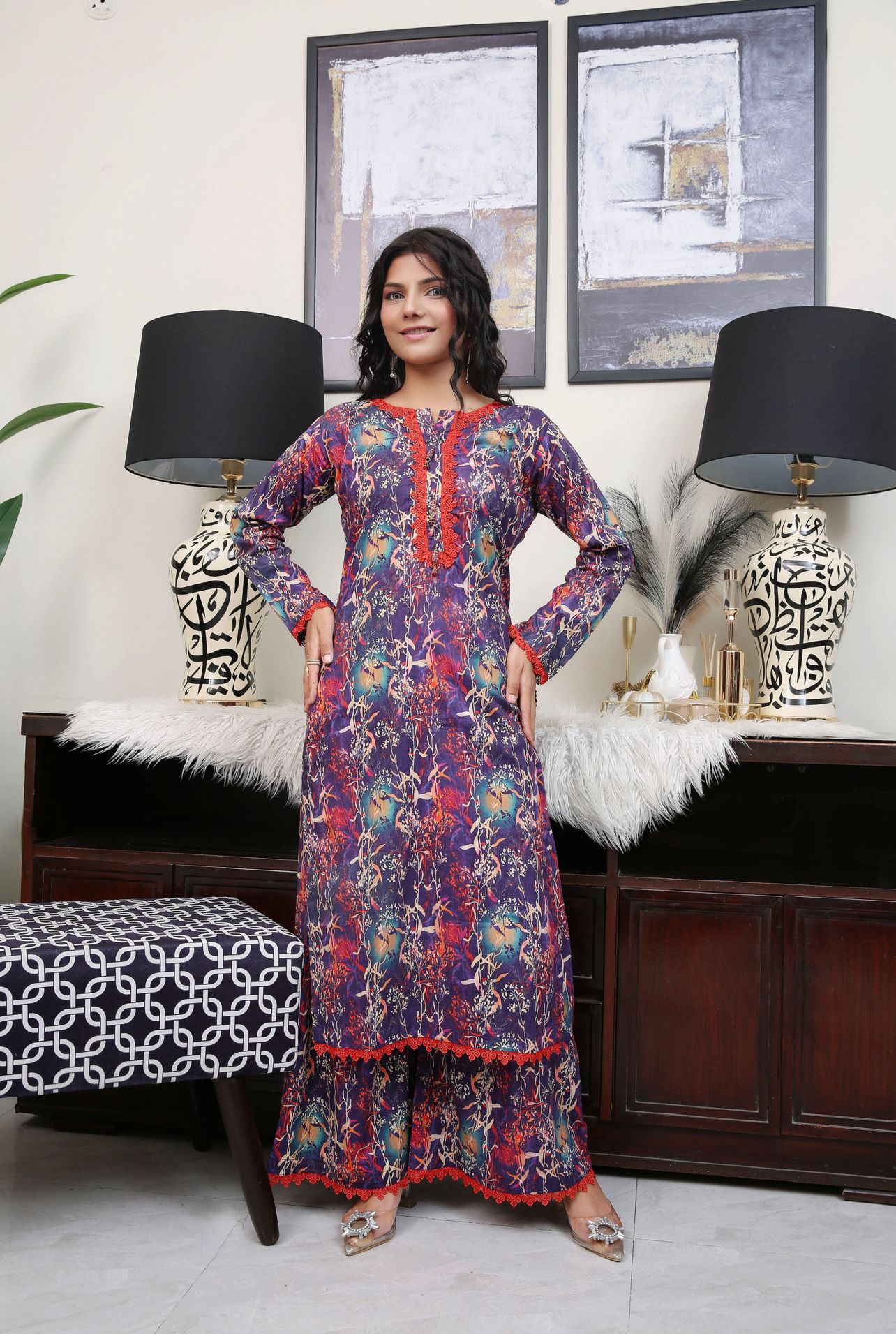 Floral Printed Premium Lawn Plazzo Suit Co-Ords Set IJ-49