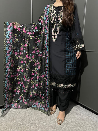 Black - Viscose Embroidered Plazzo | Suit With Embroidered | Organza Dupatta