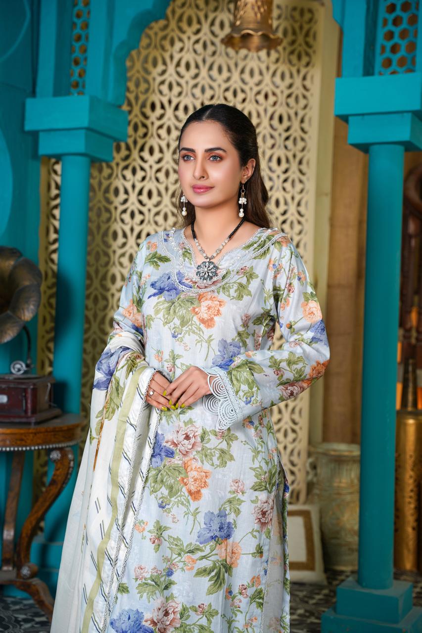 3 Pc Floral Printed Designer Lawn Suit With Lawn Dupatta IJ 1