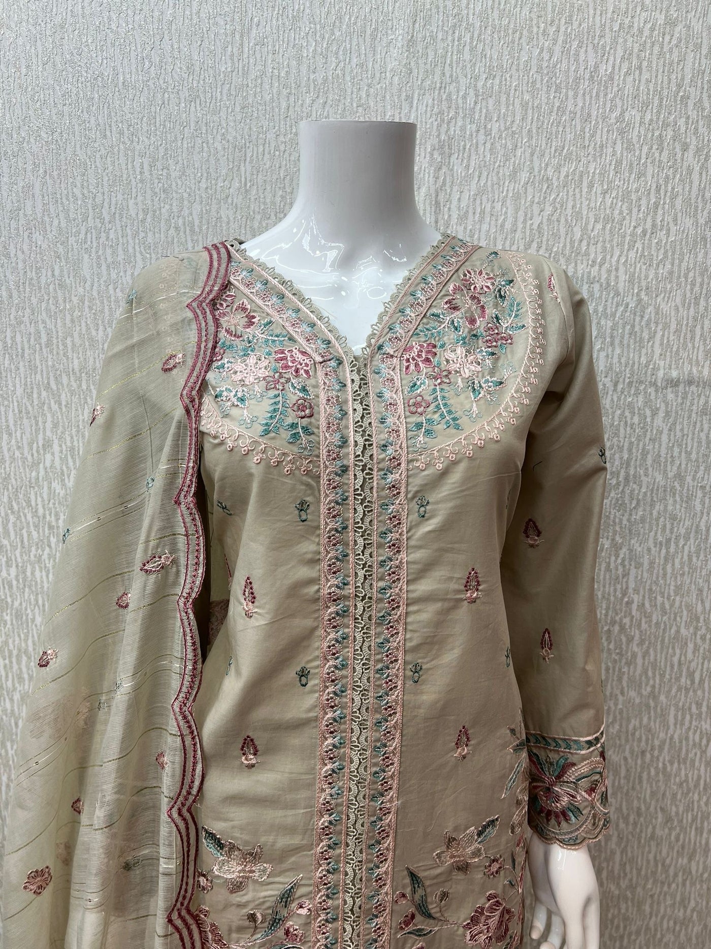 3 Pc Stitched Lawn Cotton Suit Embroidered Cotton Net Dupatta Beige D-12