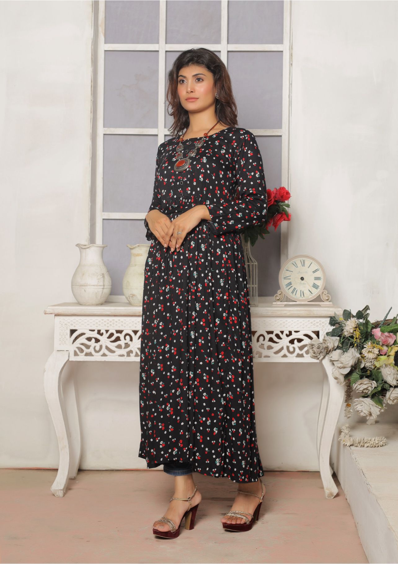 1 Pc Printed  Linen Maxi Dress D-1412