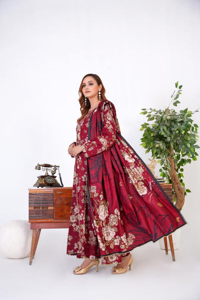 3 Pc Floral Printed Winter Linen Frock With Linen Dupatta D-605