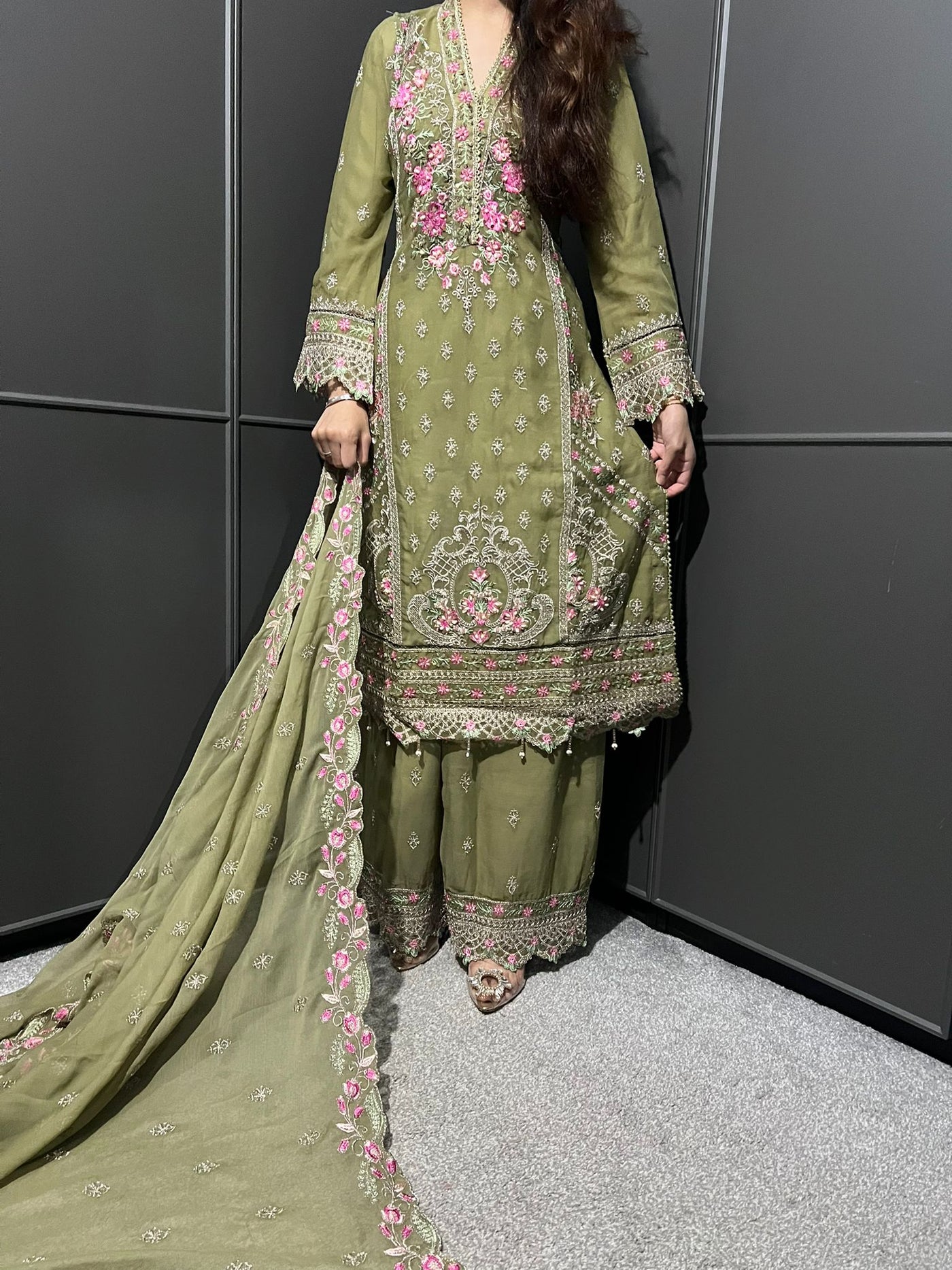 Pista 3Pc Plazzo Embroidered Chiffon Collection With Embroidered Chiffon Dupatta