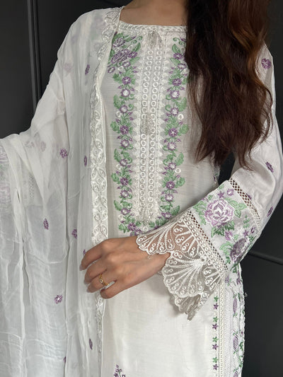 Off White - Viscose Embroidered Plazzo | Suit With Embroidered | Chiffon Dupatta