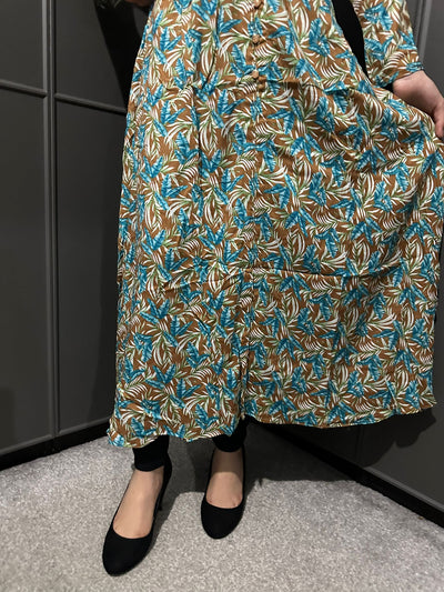 D-12 Brown&Teal Printed Long Dress in Linen Martial Fabric for Casual Wear - Womenswear