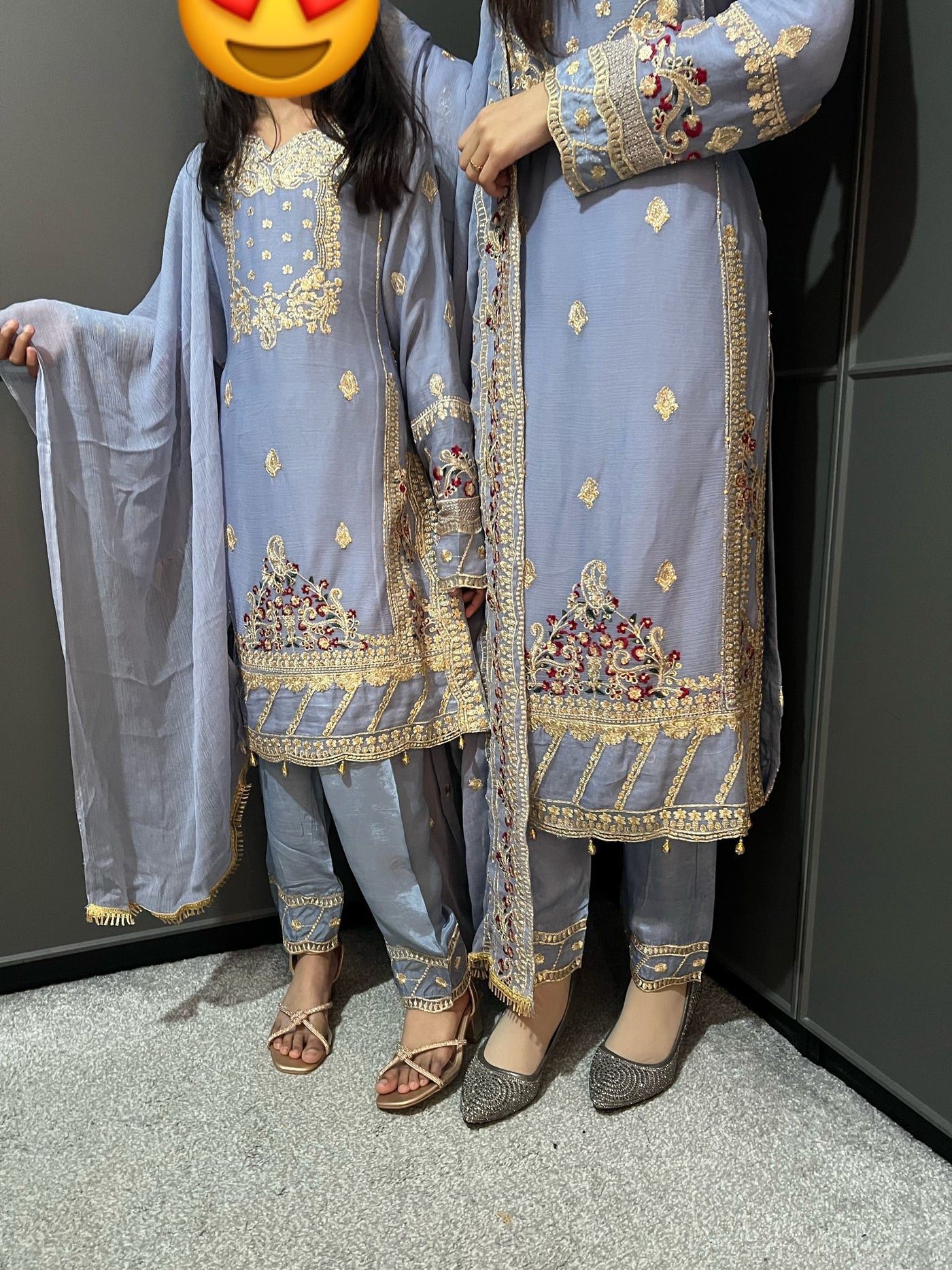 Gray Embroidered Chiffon Mother & Daughter Ready to Wear Collection - Perfect for Family Outfits