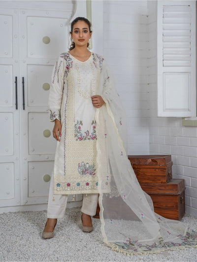 Premium Lawn 3 Piece Outfit With Embroidered Organza Dupatta White D-4112