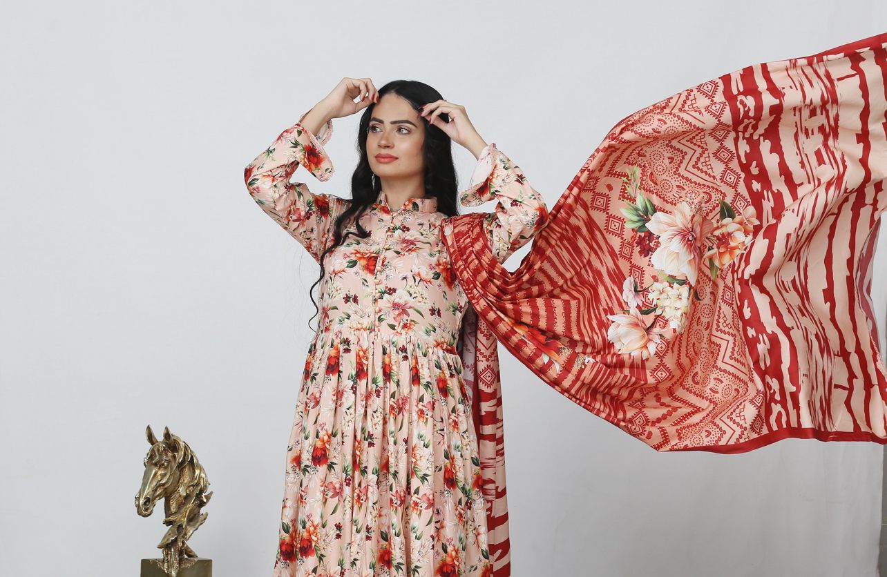 3 Pc Floral Printed Winter Linen Frock With Linen Dupatta D-703