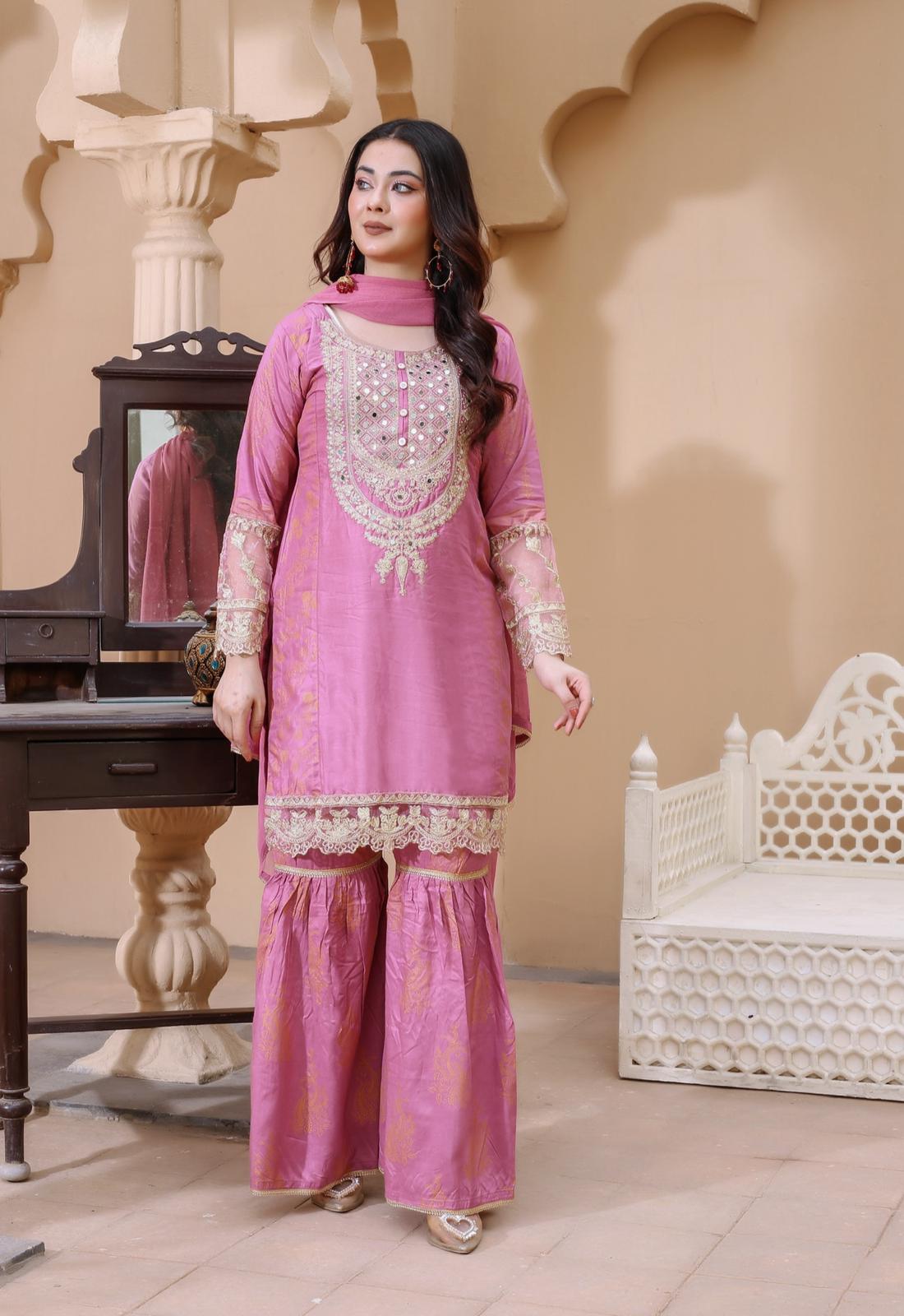 Embroidered Linen Sharara Suit With Chiffon Dupatta Pink D-182