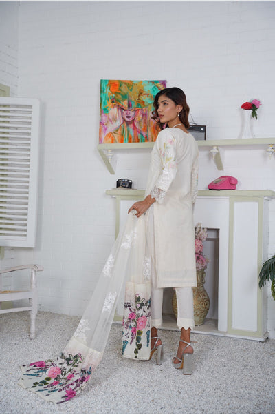 Premium Lawn 3 Piece Outfit With Printed Cotton Net Dupatta Off-White D-7A