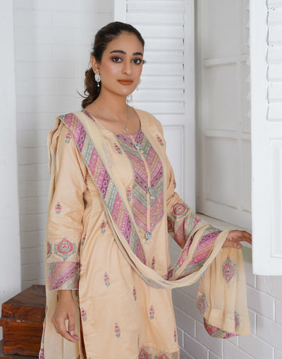 Premium Lawn 3 Piece Outfit With Embroidered Chiffon Dupatta Beige D-4086