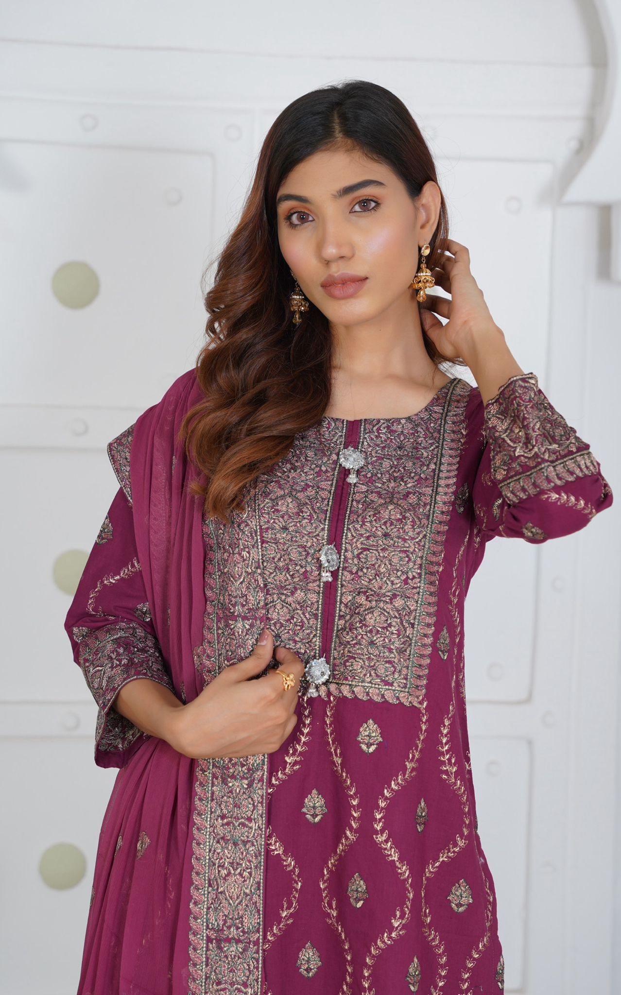 Premium Lawn 3 Piece Outfit With Embroidered Chiffon Dupatta Maroon D-4087