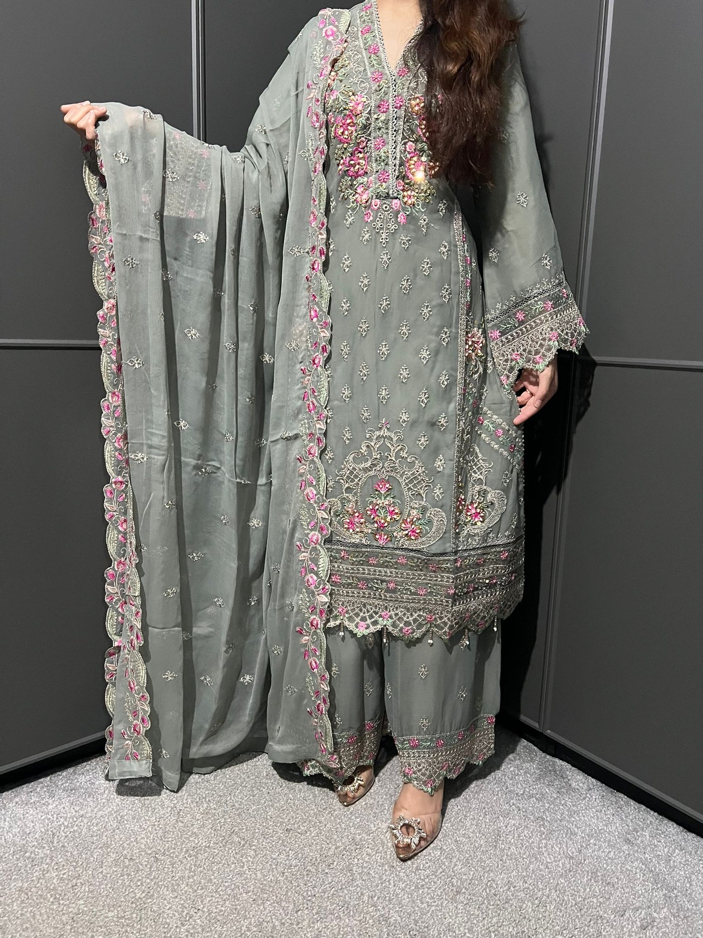 Gray 3Pc Plazzo Embroidered Chiffon Collection With Embroidered Chiffon Dupatta