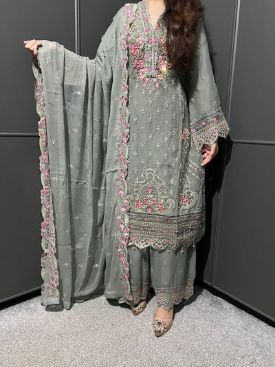 Gray 3Pc Plazzo Embroidered Chiffon Collection With Embroidered Chiffon Dupatta