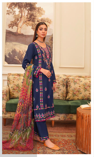 D-1 Embroidered Stone Linen Suit with Chiffon Dupatta - 3 Piece Set