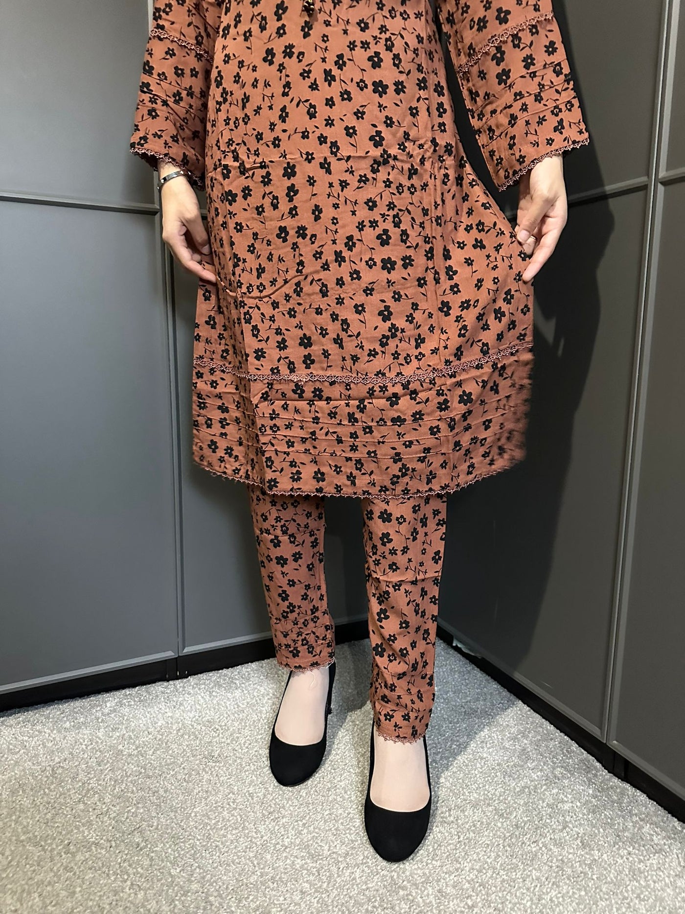 Floral Printed Stone Linen Suit - Trouser 2 Pc Set