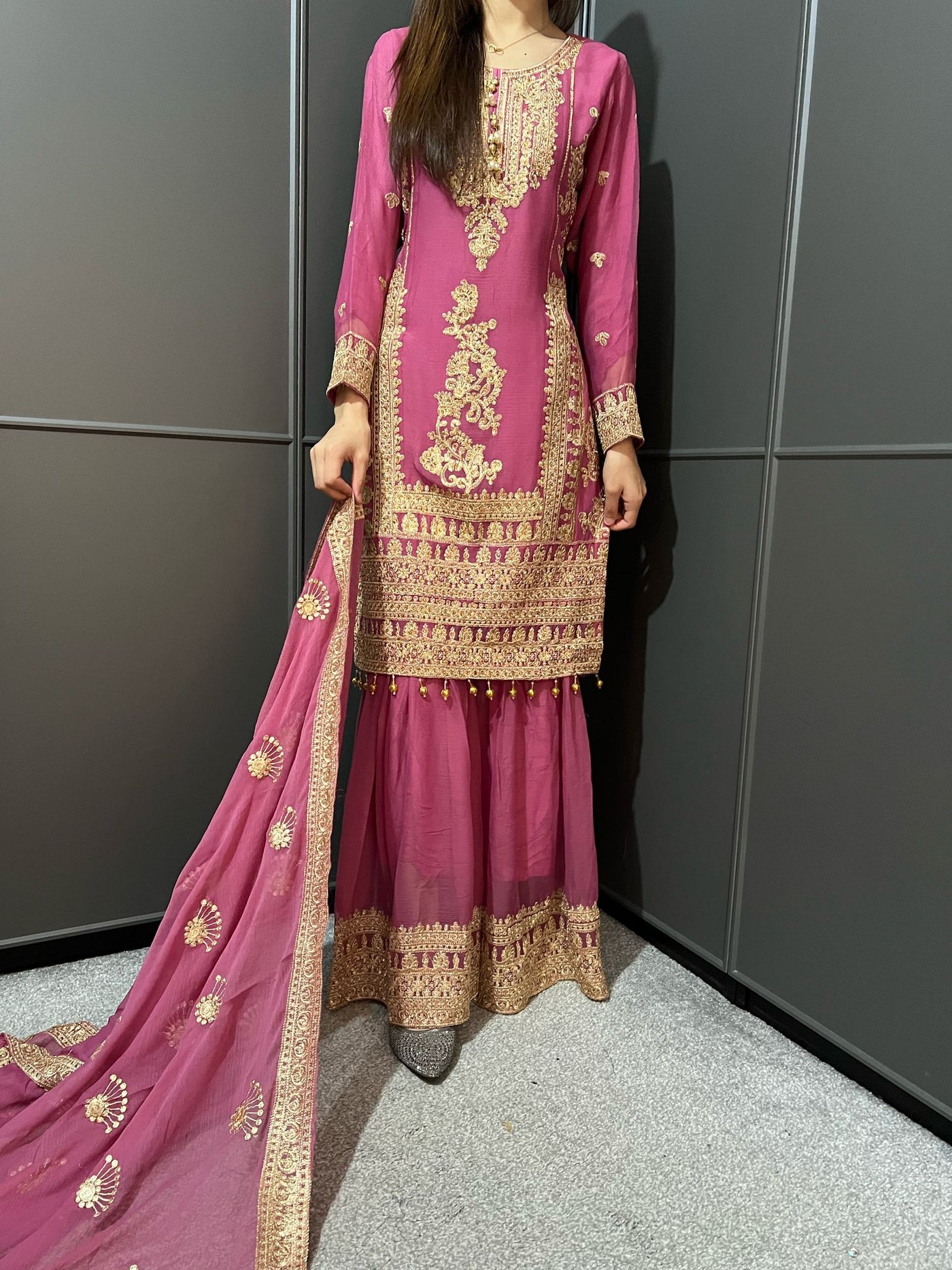 PINK- Embroidered Gharara Chiffon Mother & Daughter Ready to Wear Collection - Perfect for Family