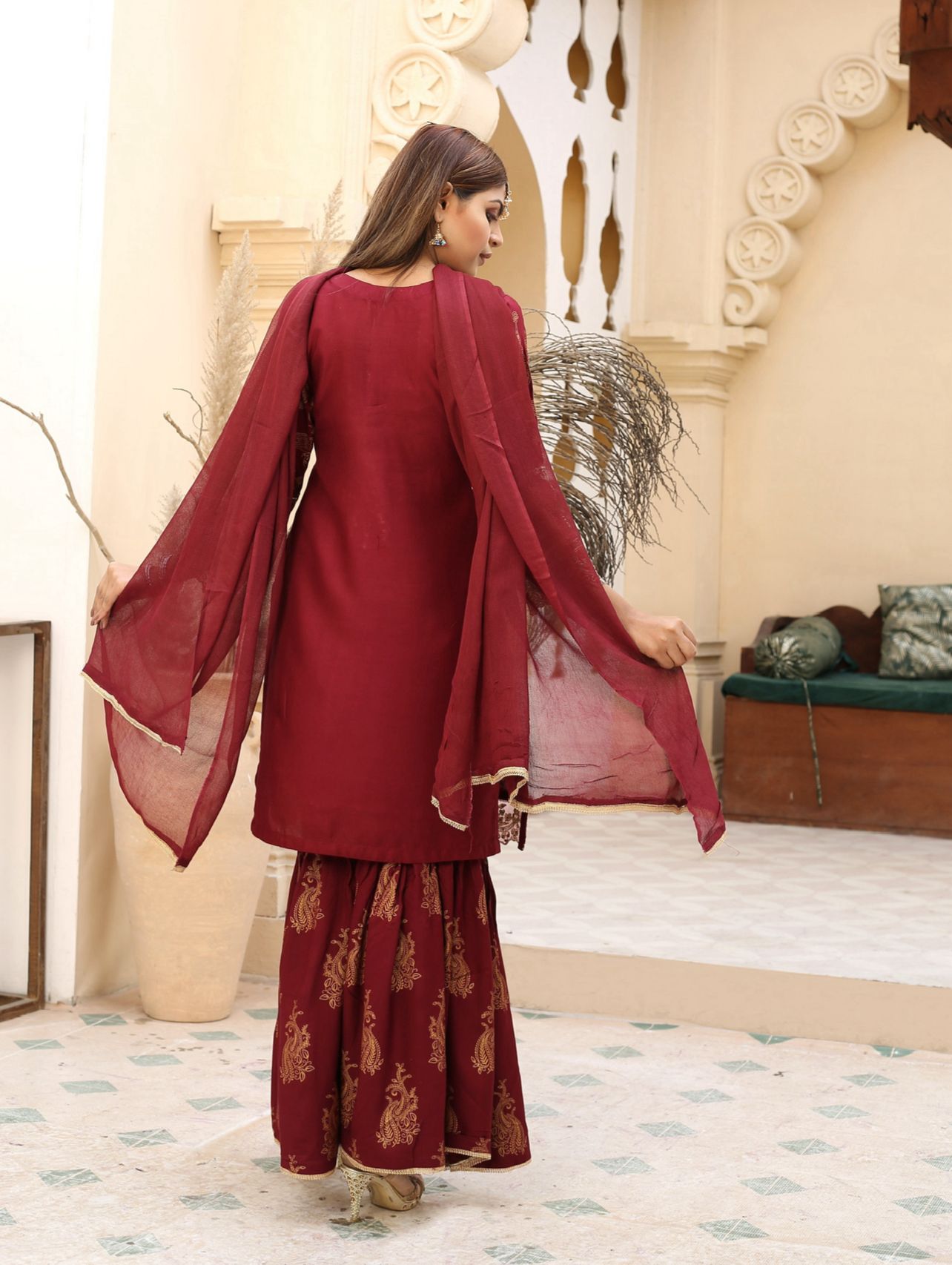 Embroidered Linen Sharara Suit With Chiffon Dupatta Maroon D-173