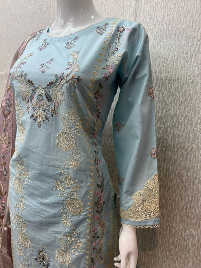 3 Pc Stitched Lawn Cotton Suit Embroidered Cotton Net Dupatta Sky Blue D-15