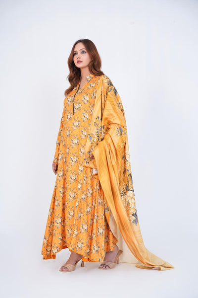 3 Pc Floral Printed Winter Linen Frock With Linen Dupatta D-311